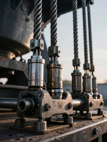 Macro close-up of heavy-duty steel tension chains and hydraulic fastening systems securing a massive industrial load on a flatbed, dramatic early morning sun, high-contrast metallic details, 35mm lens