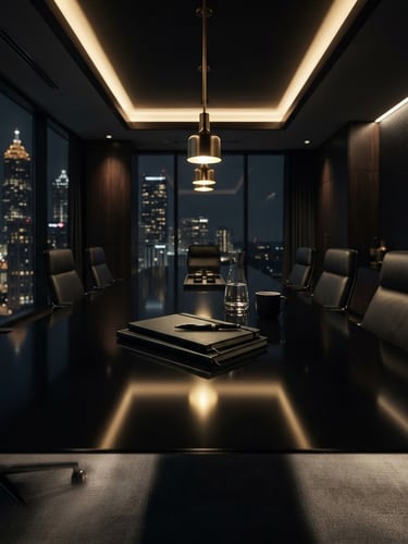 Sleek, dark-toned corporate meeting space in Atlanta, low-key dramatic studio lighting with soft golden highlights on a polished obsidian conference table, wide cinematic view, shallow depth of field.