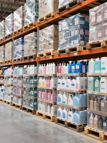 Brightly lit, highly organized commercial warehouse aisles with neatly stacked pallets of household goods and personal care items, clean modern industrial setting.