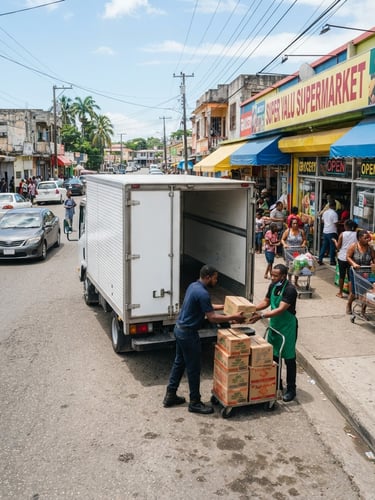 A modern Islandwide Distributors delivery truck parked outside a bright, bustling Jamaican supermarket at midday, professional handover of goods in progress.