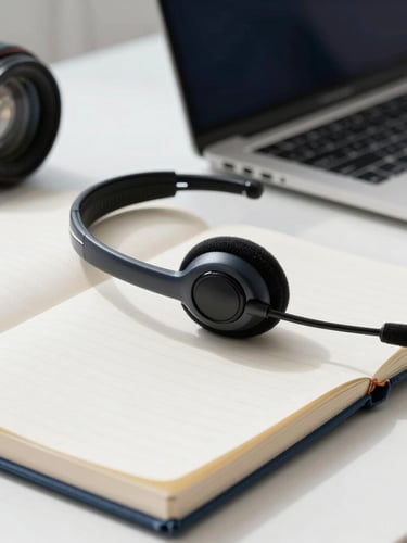 Close-up of a professional desk with modern communication tools, clean notebook, high-end headset, soft natural daylight, organized workspace, professional environment