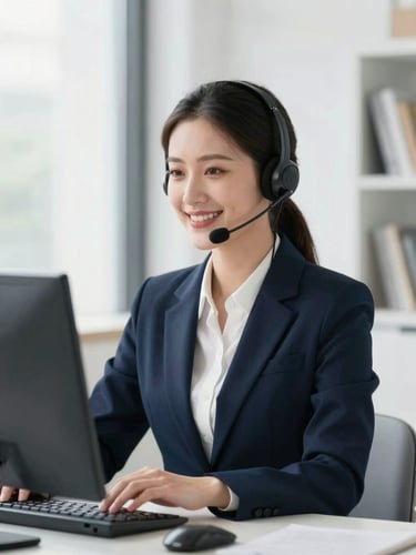 A professional remote receptionist with high-quality headset, smiling warmly in a bright, clean modern home office, soft natural daylight, deep navy accents, 50mm lens