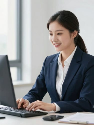 Professional agent working in a bright, clean modern office, natural lighting, focused and welcoming expression, deep navy accents