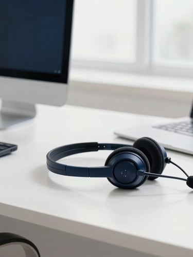 Clean corporate photography, professional remote workspace, headset on a clean desk, bright natural daylight, deep navy tones, 50mm lens