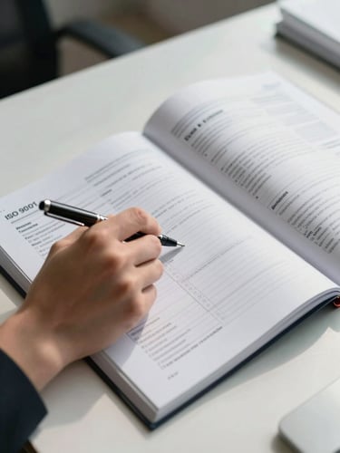 Close-up overhead view of an open ISO 9001 standards workbook on a white desk under controlled office daylight, a compliance manager's hand annotating an audit checklist with a pen, printed clause reference tabs visible along the page edge