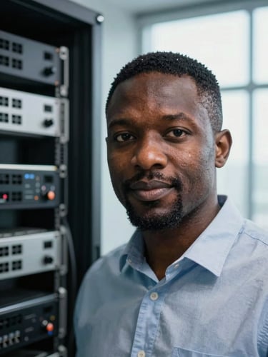 Dignified close-up portrait of a professional African network engineer in a modern server room, bright natural window daylight, high contrast.