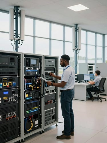 Wide environmental shot of a modern European telecom operations center, bright natural daylight, clean lines, a professional African engineer in the background focusing on network hardware.