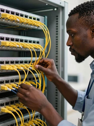 Medium close-up of a professional African network engineer focused on configuring a rack of fiber optic switches, bright natural daylight, high contrast.