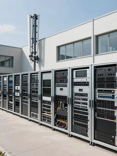 Wide environmental shot of a modern European telecom operations center, clean architectural lines, bright daylight, network hardware racks in background.