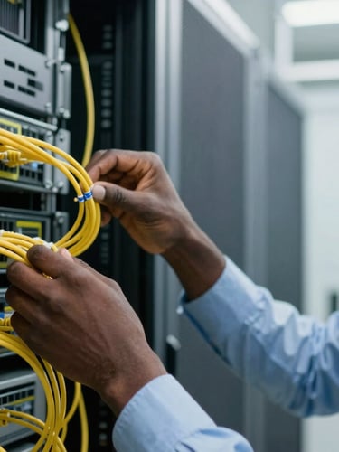 A close-up of a professional African network engineer in a modern server room, checking fiber optic connections under bright natural daylight.