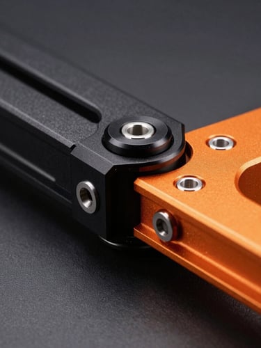 Macro product photography of the ELEWORK lift's anodized aluminum joint and orange steel chassis, sharp focus, 50mm lens, dramatic high-contrast studio lighting.
