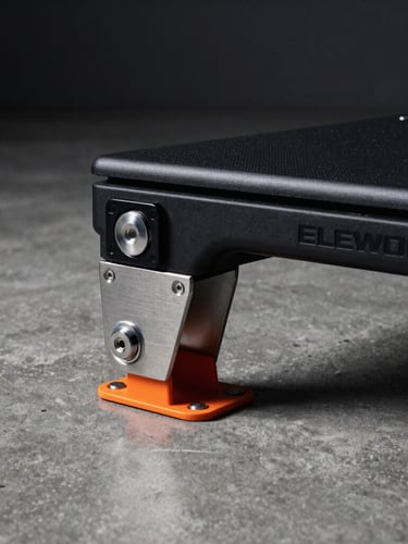 Close-up of the anodized metal dual-locking wheel system and orange stabilizer legs of the ELEWORK platform, locked firmly on a polished concrete floor, cool industrial lighting.