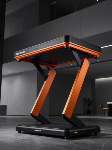 Sleek product photography of the ELEWORK electric lift, dramatic high-contrast studio lighting, matte black and metallic orange tones, sharp focus, low-angle shot showing absolute stability inside a modern architectural lobby.