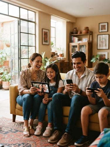 Bright editorial photography of a modern Mexican living room, natural daylight, a family happily streaming video on their devices, warm realistic tones, 35mm