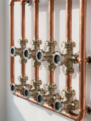 Crisp technical photography of neatly organized copper piping and high-end valves in a modern gas heating installation, bright natural daylight, sharp focus, 35mm lens.