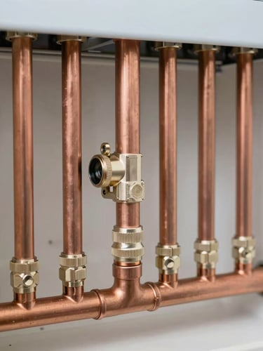 Close-up of a high-end technical installation, neatly organized copper pipes for gas heating, clean connections, sharp focus, 35mm lens