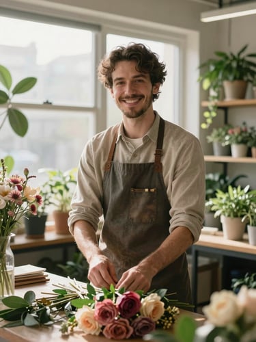 A friendly local florist in her plant-filled studio, arranging a warm bouquet under soft morning window light, medium portrait framing.