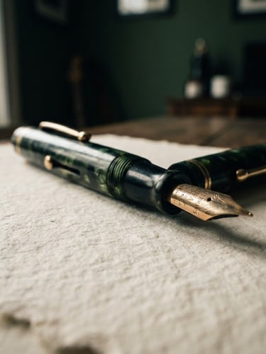 A macro close-up of a vintage fountain pen resting on heavy, textured cream cardstock, deep shadows, soft side window light, forest green undertones, 35mm