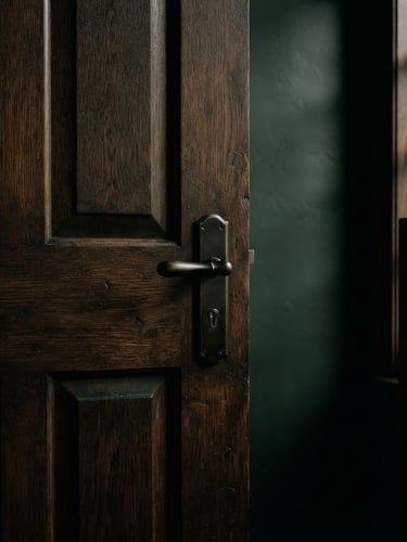 Architectural crop of a heavy oak boardroom door, soft directional window light, deep forest green and obsidian tones, 35mm