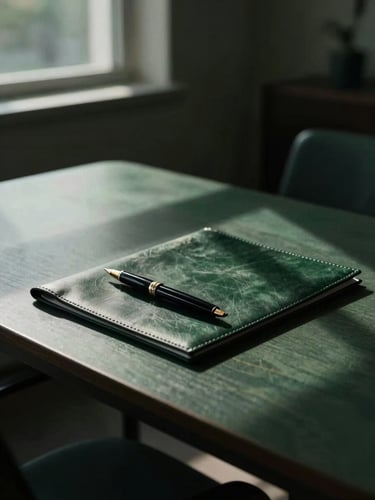 Moody architectural crop of a high-end boardroom table, soft directional window light casting long shadows, fountain pen resting on a leather folder, 35mm