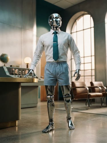 Low-angle heroic shot of Paul the chrome robot, wearing a crisp white shirt, turquoise tie, and boxer shorts, no pants. Gleaming chrome reflections, studio lighting, retro-futuristic office in background. Editorial fashion framing.