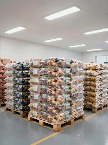 Wide-angle view of a modern, brightly lit temperature-controlled warehouse in Dubai, neatly stacked pallets of bulk foodstuff packages, clean clinical daylight, industrial logistics environment.