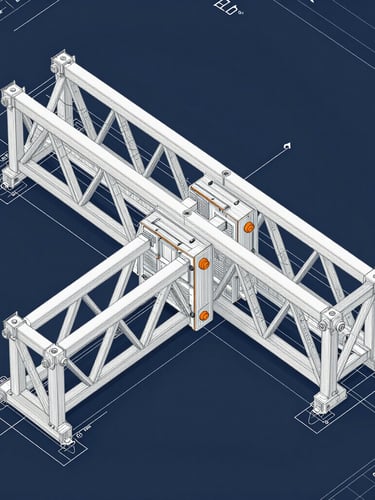 Detailed orthographic shop drawing of a massive steel truss connection, crisp white lines on a deep slate blueprint background.