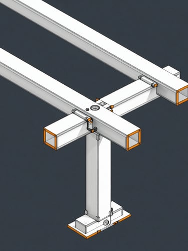 High-resolution 3D Tekla structural steel model wireframe, crisp isometric view of complex beam-to-column connections, industrial safety-orange highlights on a deep slate background