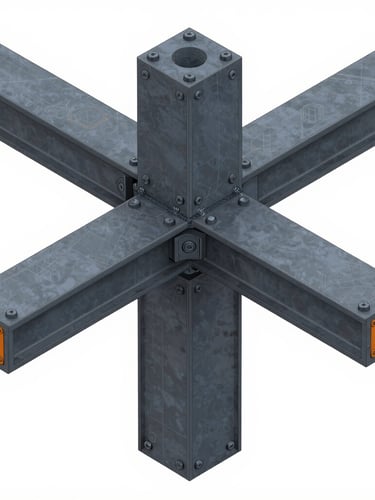 Crisp 3D CAD rendering of complex structural steel column-beam connections. High-contrast digital rendering light, detailed isometric view showing precise welds and bolts. Cool slate and industrial safety-orange accents, clean technical wireframe overlay.