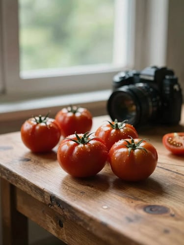 Soft natural window light on a rustic wooden table with fresh regional tomatoes, a professional camera blurred in the background, warm cozy atmosphere, 35mm photography
