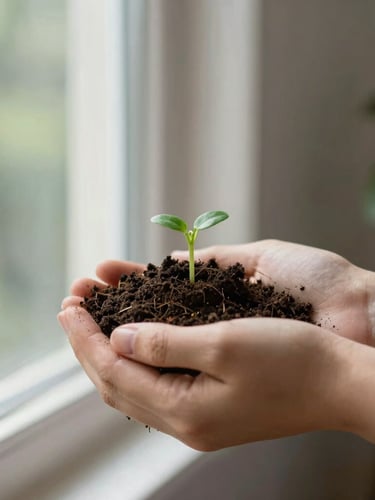 Soft natural window light, hands holding a rich clump of dark soil with tiny green sprouts, shallow depth of field, 35mm editorial photography.