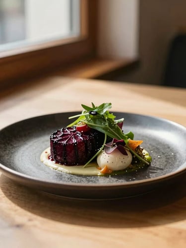 Editorial close-up of a beautifully plated seasonal dish on a dark ceramic plate, warm natural window light casting soft shadows, Scandinavian restaurant interior with wooden accents in the background, shallow depth of field, 35mm photography