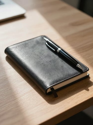 A close-up of a clean, structured leather notebook and high-quality pen resting on a minimalist wooden desk, illuminated by soft morning light.