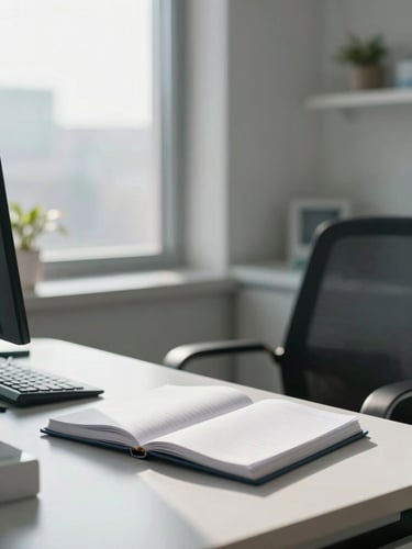 Soft natural light streaming through a modern clinic window, illuminating an organized professional desk with an open medical notebook, conveying a safe and orderly space.