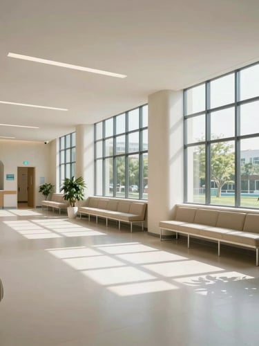 A wide environmental shot of a modern outpatient medical clinic, soft natural daylight streaming through large windows, clean architectural lines, minimalist aesthetic.