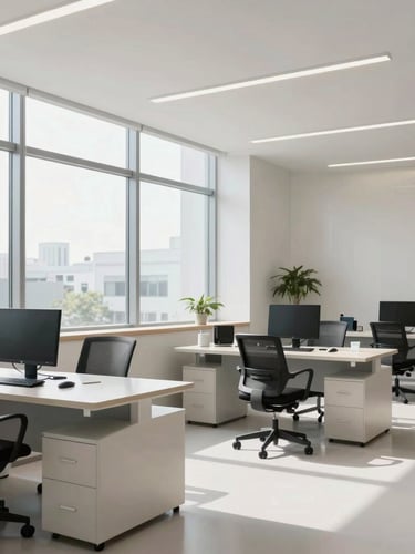 A bright, modern clinical office with soft natural light streaming through large windows, clean architectural lines, and organized professional workspaces.