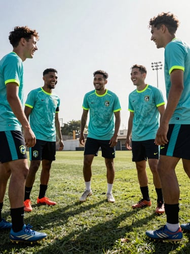 Low-angle shot of diverse athletic team laughing together on a sun-drenched Lima pitch, high-contrast late afternoon light, vibrant neon cyan accents, 35mm film grain.