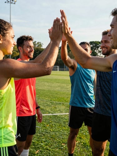 Group of diverse athletes high-fiving during a huddle on a green pitch, smiling faces, dramatic late-afternoon sun, vibrant neon accents
