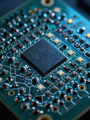 Extreme macro industrial photography of a high-density PCB, sharp cool-toned LED lighting, high-contrast dark slate and electric cyan, ultra-detailed 100mm lens showing microscopic solder joints.
