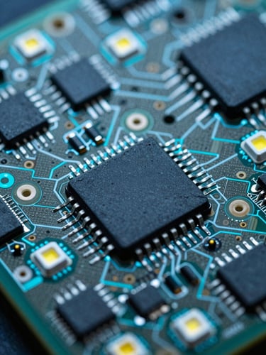 Extreme macro shot of high-density PCB, sharp cool-toned LED lighting, high-contrast dark slate and electric cyan, ultra-detailed 100mm lens