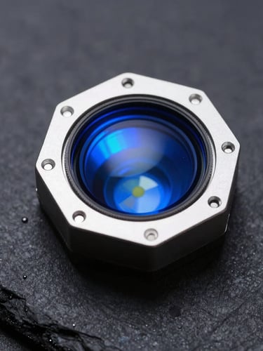 Macro industrial photography of a hexagonal optical sensor head with sharp blue LED highlights, high-contrast dark slate background