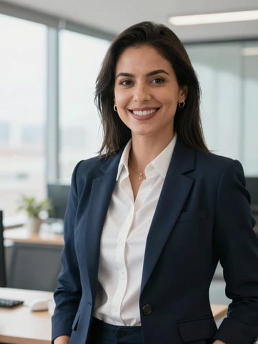 Professional corporate portrait of a Brazilian female HR director in a bright modern office, smiling confidently with soft natural window light, 35mm lens