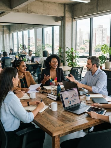 Professional corporate photography, bright natural office daylight, a modern business meeting in a high-ceilinged office in Campinas, diverse Brazilian team collaborating, 35mm lens