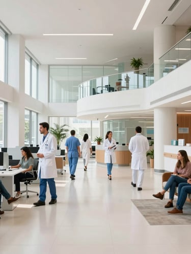 Modern, clean, and well-lit interior of a hospital lobby in São Paulo, with diverse medical staff and patients in a professional and calm setting. Bright natural office daylight, clean high-contrast tones, modern Brazilian business setting, 35mm lens.