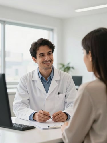 Clean modern medical facility interior in São José dos Campos, bright daylight, professional Brazilian doctor in a warm conversation with a patient, natural high-contrast tones