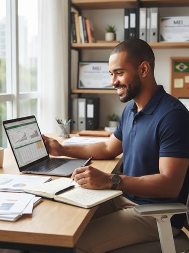 Microempreendedor individual trabalhando em seu escritório moderno, com um laptop e documentos, em um ambiente bem iluminado, transmitindo confiança e profissionalismo.
