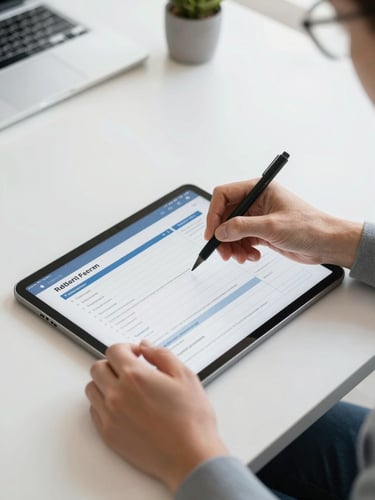 Mãos de um profissional preenchendo um formulário digital em um tablet, com foco na tela e na caneta, em um ambiente de escritório limpo e moderno, simbolizando facilidade e agilidade.