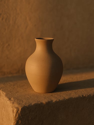 Minimalist ceramic vessel on a textured stone ledge, soft golden-hour light casting long elegant shadows, warm earth tones, 35mm photography