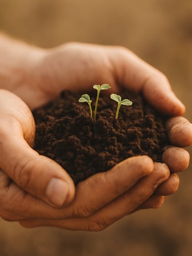 Hands gently holding raw, dark soil with tiny green sprouts, soft diffused daylight, shallow depth of field, warm editorial photography