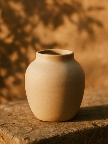 A close-up of a minimalist ceramic vessel sitting on a rustic stone ledge, soft golden-hour light filtering through leaves, casting delicate shadows